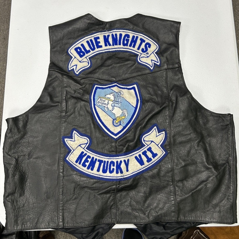 American Top Leather Motorcycle Vest Mens XL Black Blue Knights Kentucky Patches